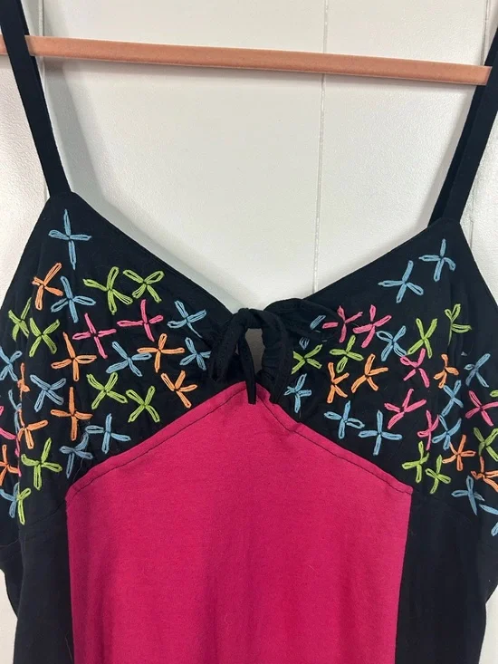 Leopards & Roses Red Sleeveless Midi Hippie Dress Pink Floral Boho Cotton 1X New - Picture 4 of 16